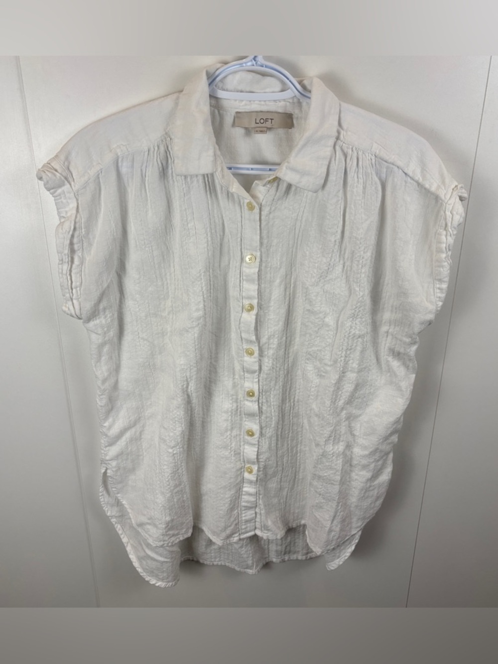 LOFT Gauzy White Cotton Button Up Blouse Rolled Cap Short Sleeve sz S Breezy Top